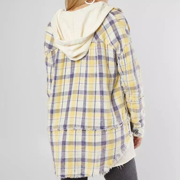 We The FREE Calico Basin Plaid Hooded Yellow Purple Oversized Shirt Size Small - Picture 4 of 11